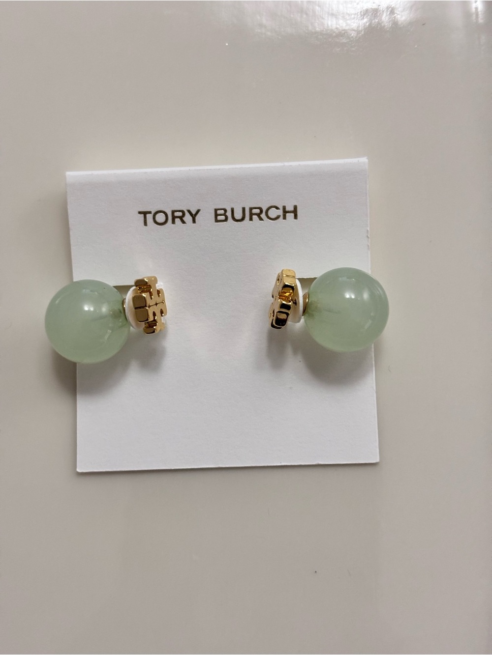 Tory Burch Pale Mint Orb Stud Earrings with Gold Logo